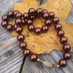 brown faux pearl knotted  necklace fishhook clasp with filigree detail classic